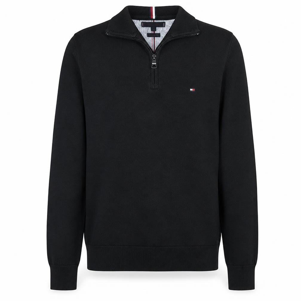Front view of Tommy Hilfiger Men's Black Small 1/2 Zip Mock Neck Cotton Sweatshirt