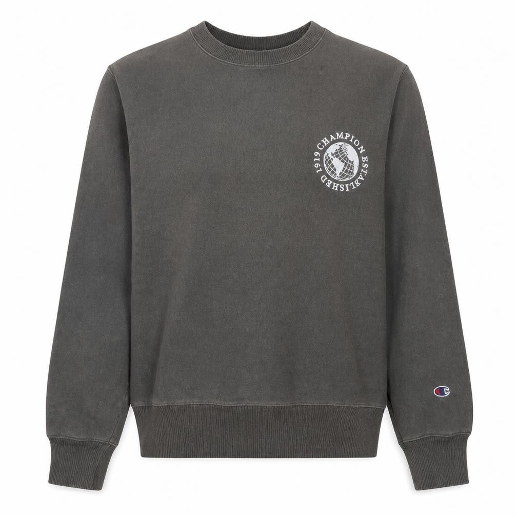 Front view of Champion men’s grey small pullover sweatshirt crew neck logo