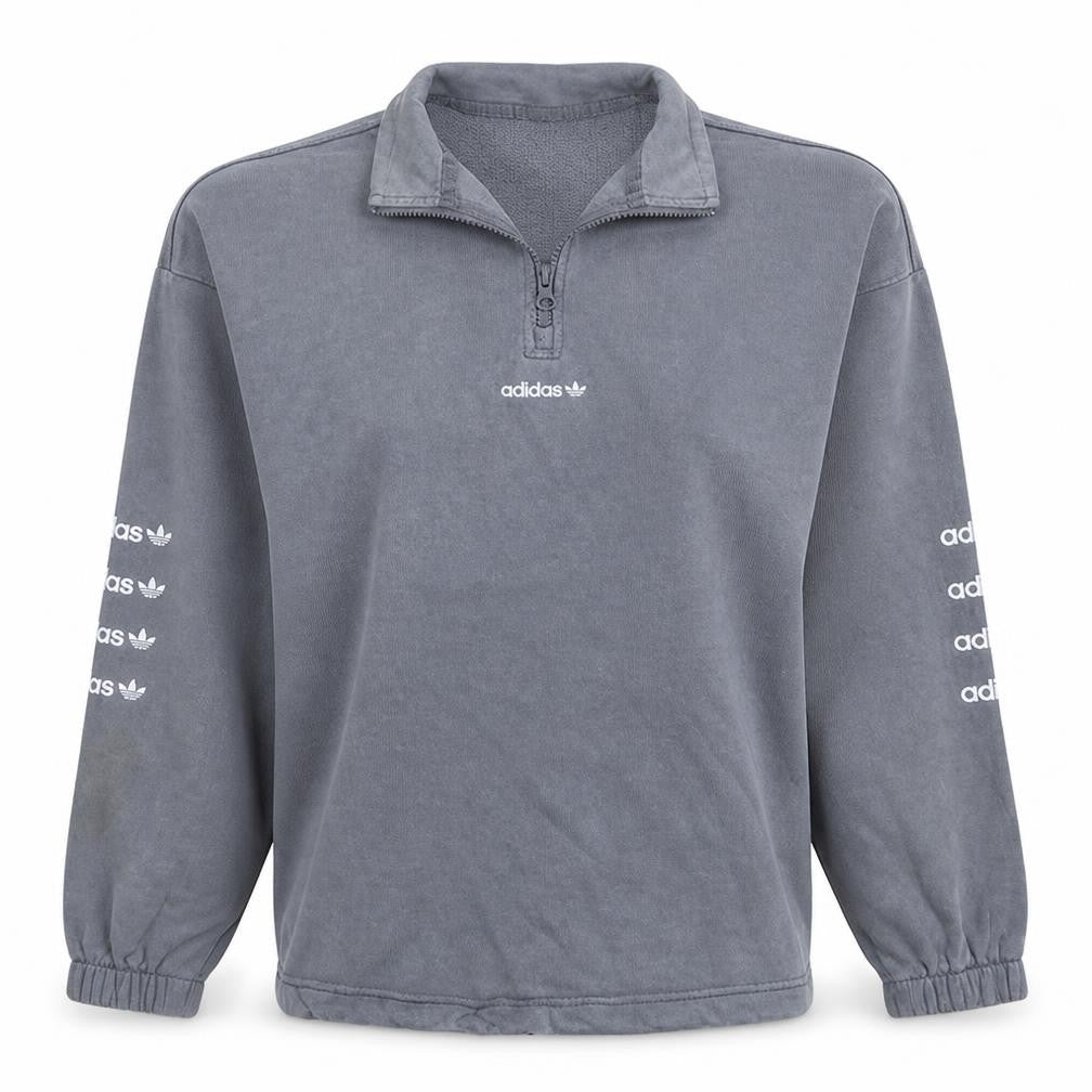Front view of Adidas women’s grey 1/4 zip pullover sweatshirt, size UK 8