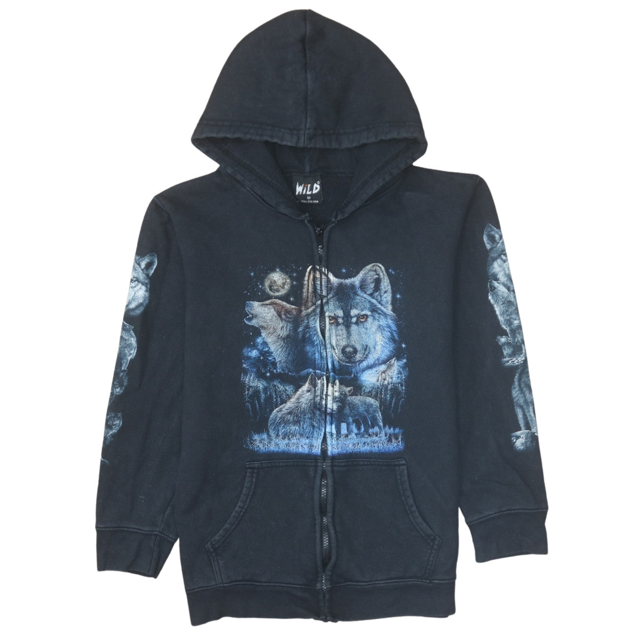 Wild Men's Black Wolf Graphic Full Zip Hoodie Size M