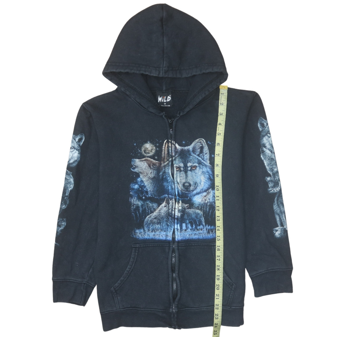 Wild Men's Black Wolf Graphic Full Zip Hoodie Size M