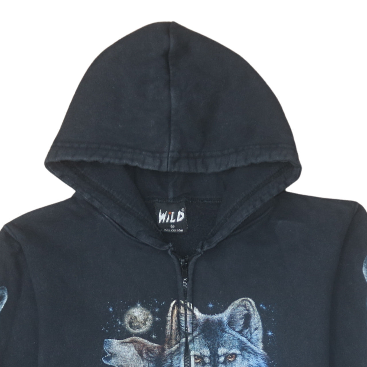 Wild Men's Black Wolf Graphic Full Zip Hoodie Size M