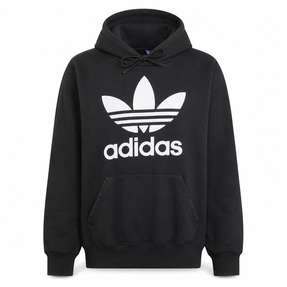 Front view of Adidas men’s black pullover hoodie m graphic sportswear