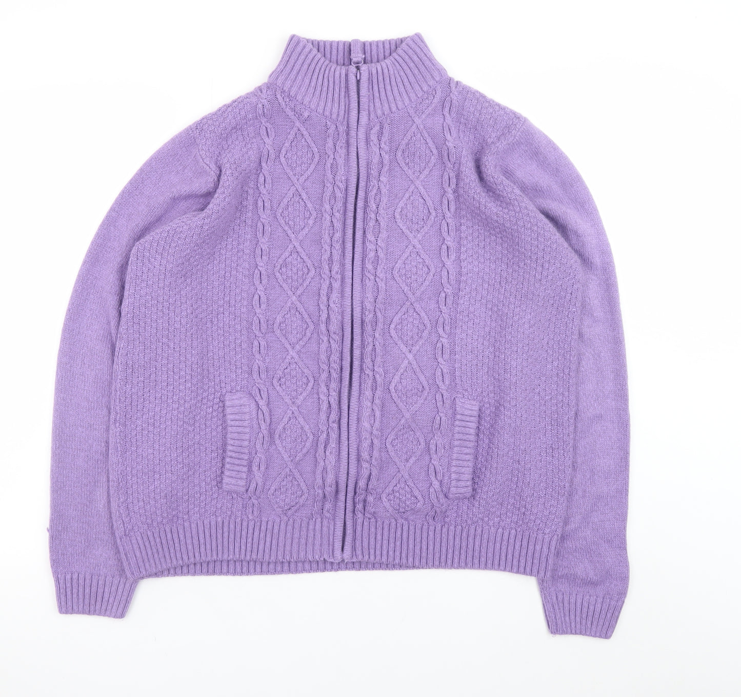 Isle Womens Purple Full Zip Cable Knit Jumper L 18-20
