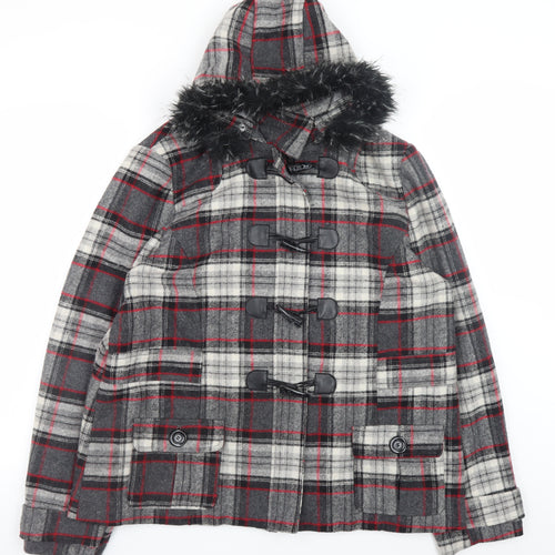 Be Beau Women Grey Check Wool Blend Duffle Coat Size 18 Hooded