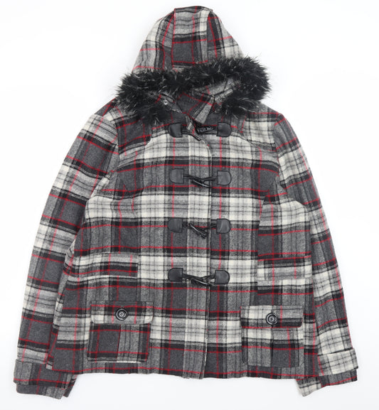 Be Beau Women Grey Check Wool Blend Duffle Coat Size 18 Hooded