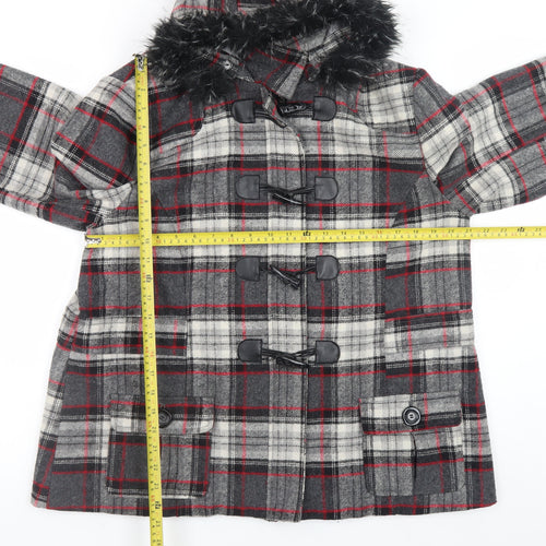 Be Beau Women Grey Check Wool Blend Duffle Coat Size 18 Hooded