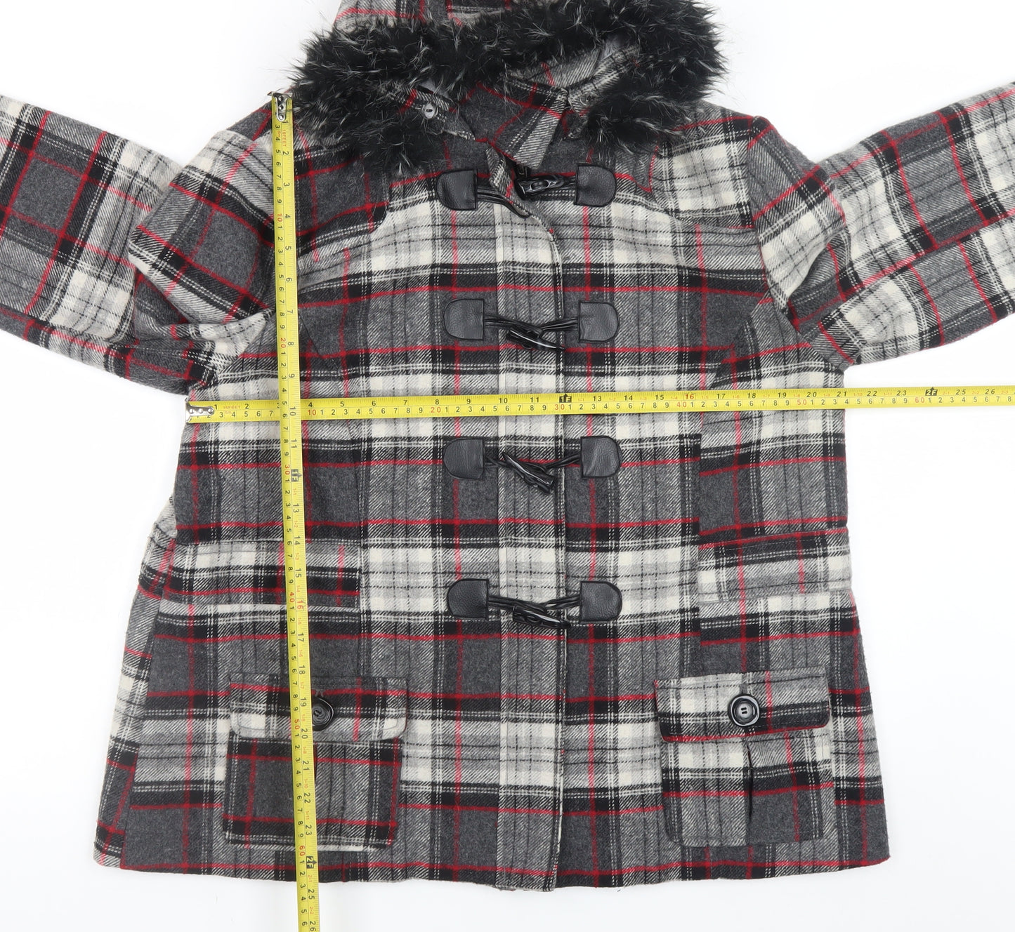 Be Beau Women Grey Check Wool Blend Duffle Coat Size 18 Hooded