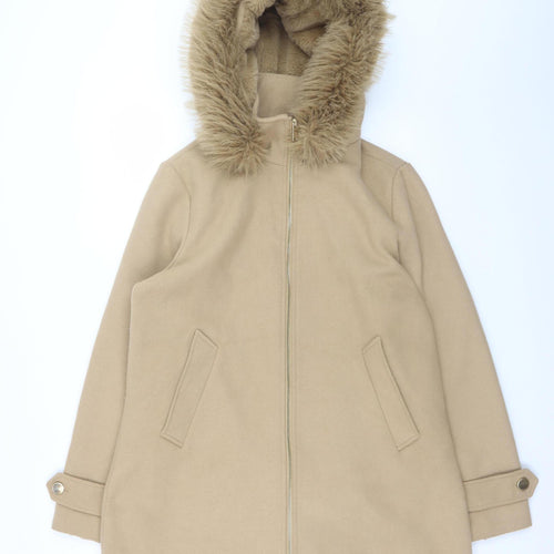 Primark Women Beige Size 12 Hooded Fur Trim Mid-Length Parka Coat