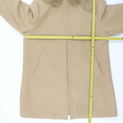 Primark Women Beige Size 12 Hooded Fur Trim Mid-Length Parka Coat