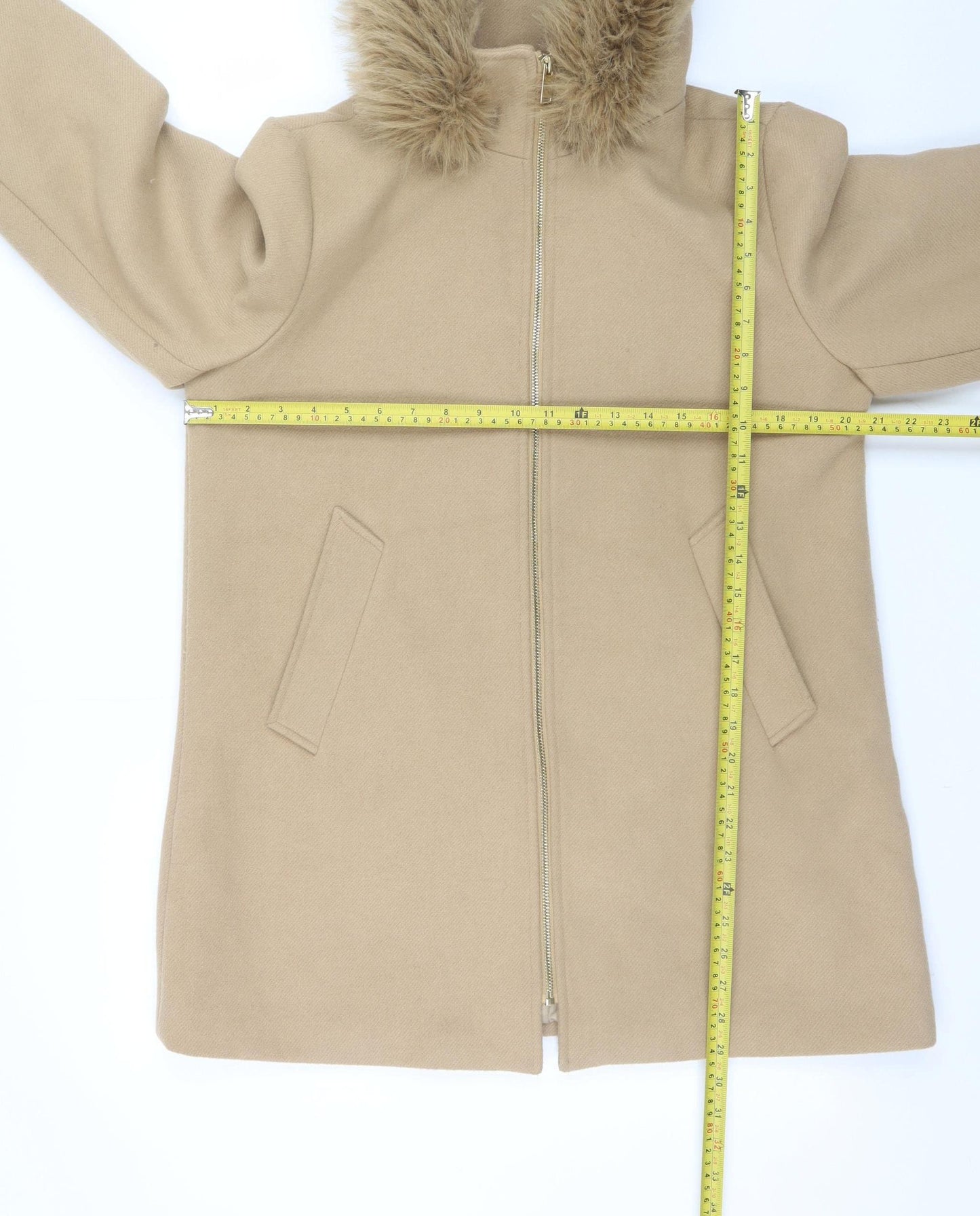 Primark Women Beige Size 12 Hooded Fur Trim Mid-Length Parka Coat