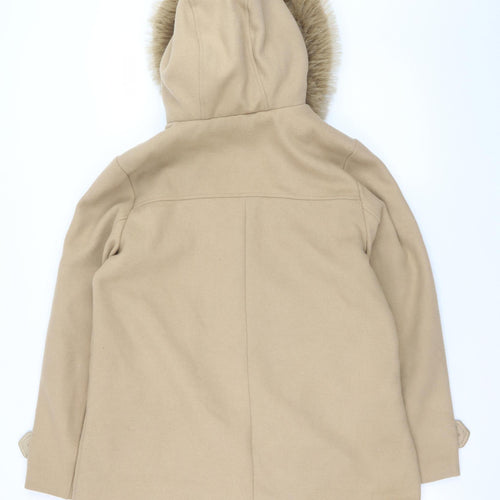 Primark Women Beige Size 12 Hooded Fur Trim Mid-Length Parka Coat