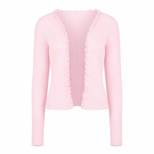 Vero Moda Women Pink Ribbed Ruffle Trim Cardigan Size L