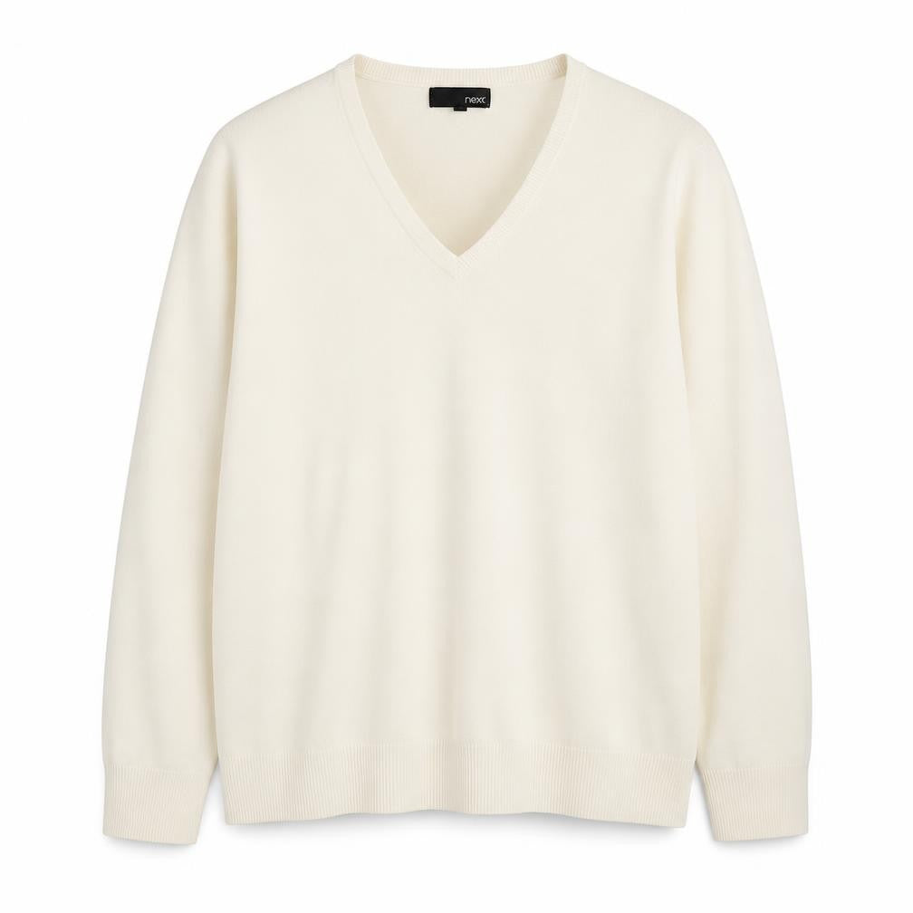 Front view of Next Men's Ivory V-Neck Acrylic Knit Jumper L