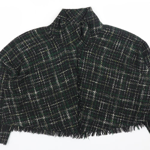 Zara Woman Green Tweed Check Cropped Blazer Jacket L Wool Blend