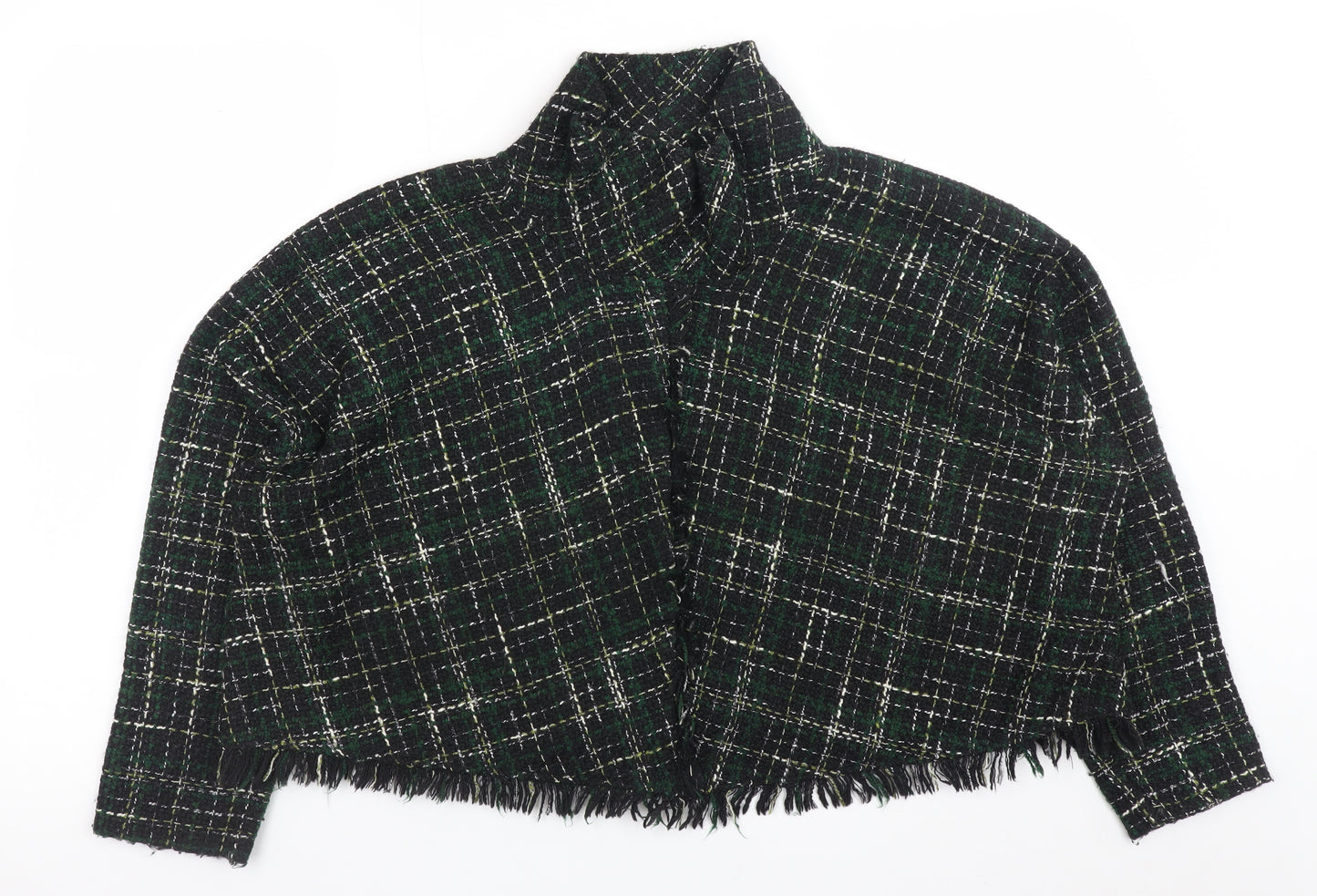 Zara Woman Green Tweed Check Cropped Blazer Jacket L Wool Blend