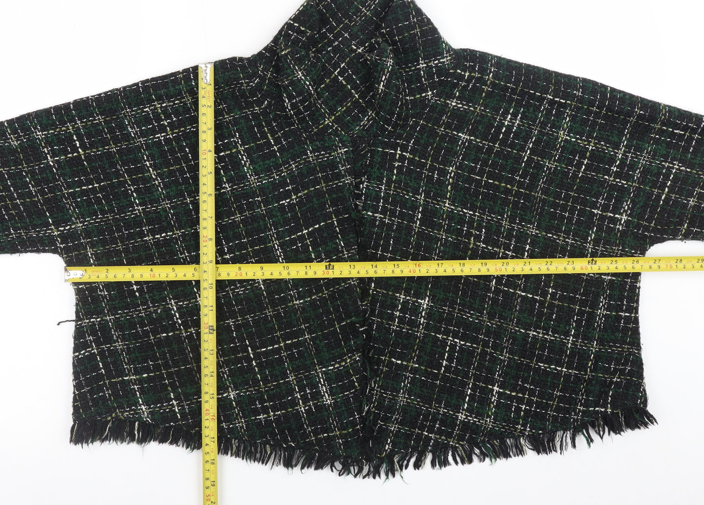 Zara Woman Green Tweed Check Cropped Blazer Jacket L Wool Blend