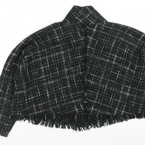 Zara Woman Green Tweed Check Cropped Blazer Jacket L Wool Blend