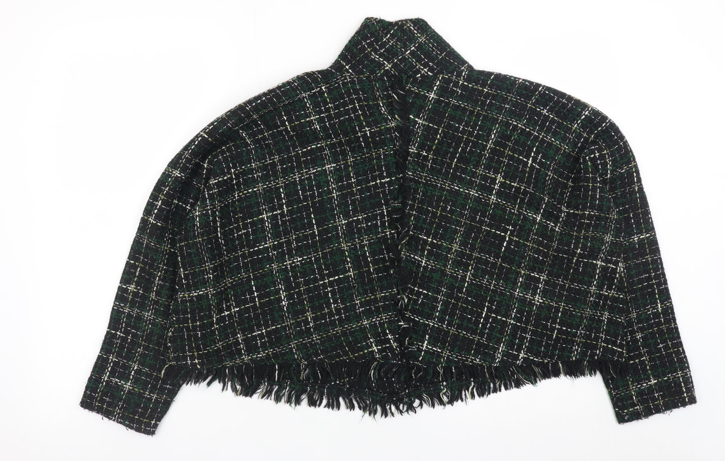 Zara Woman Green Tweed Check Cropped Blazer Jacket L Wool Blend