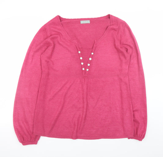Marks and Spencer Women Pink Size 14 V-Neck Long Sleeve Jumper
