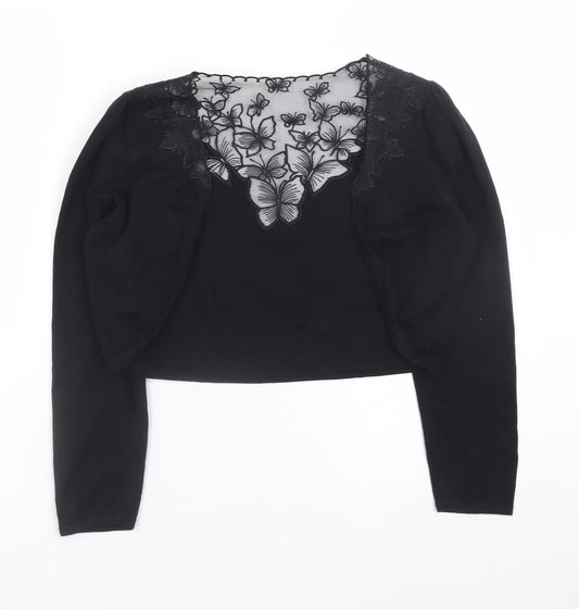 Monsoon Women Black Butterfly Embroidered V-Neck Long Sleeve Cardigan Size 10
