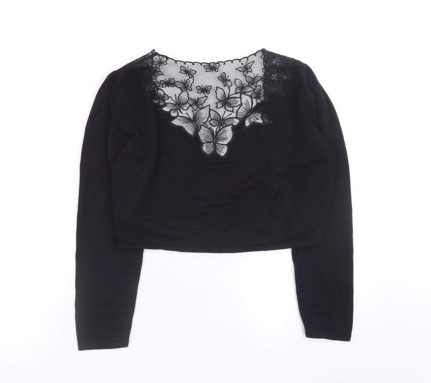 Monsoon Women Black Butterfly Embroidered V-Neck Long Sleeve Cardigan Size 10
