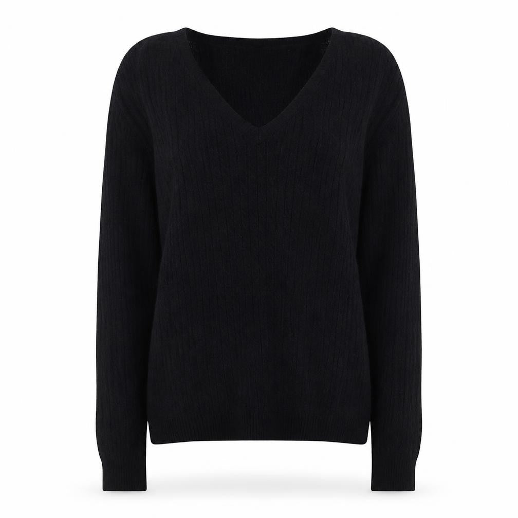 Front view of Mango Women Black V-Neck Cable Knit Long Sleeve Jumper, size 10