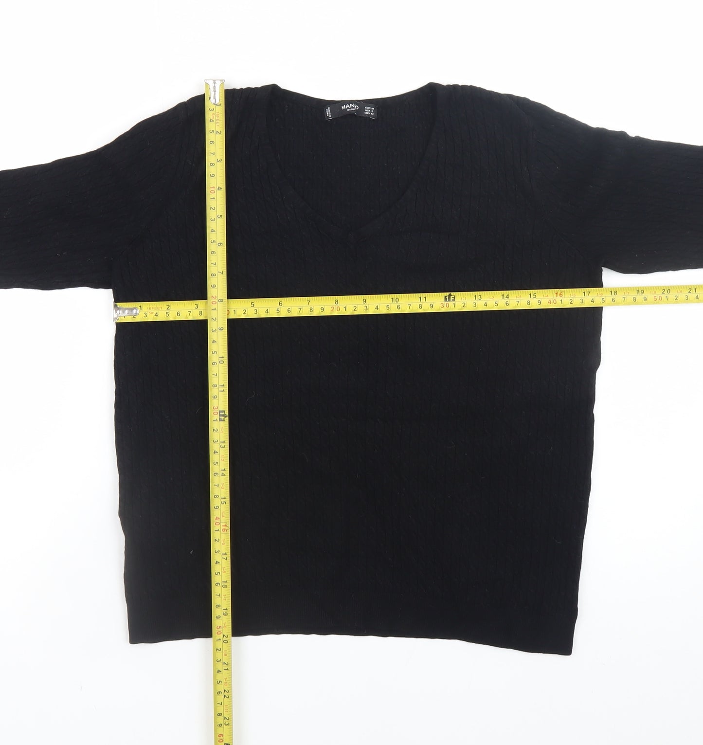 Mango Women Black V-Neck Cable Knit Long Sleeve Jumper Size 10