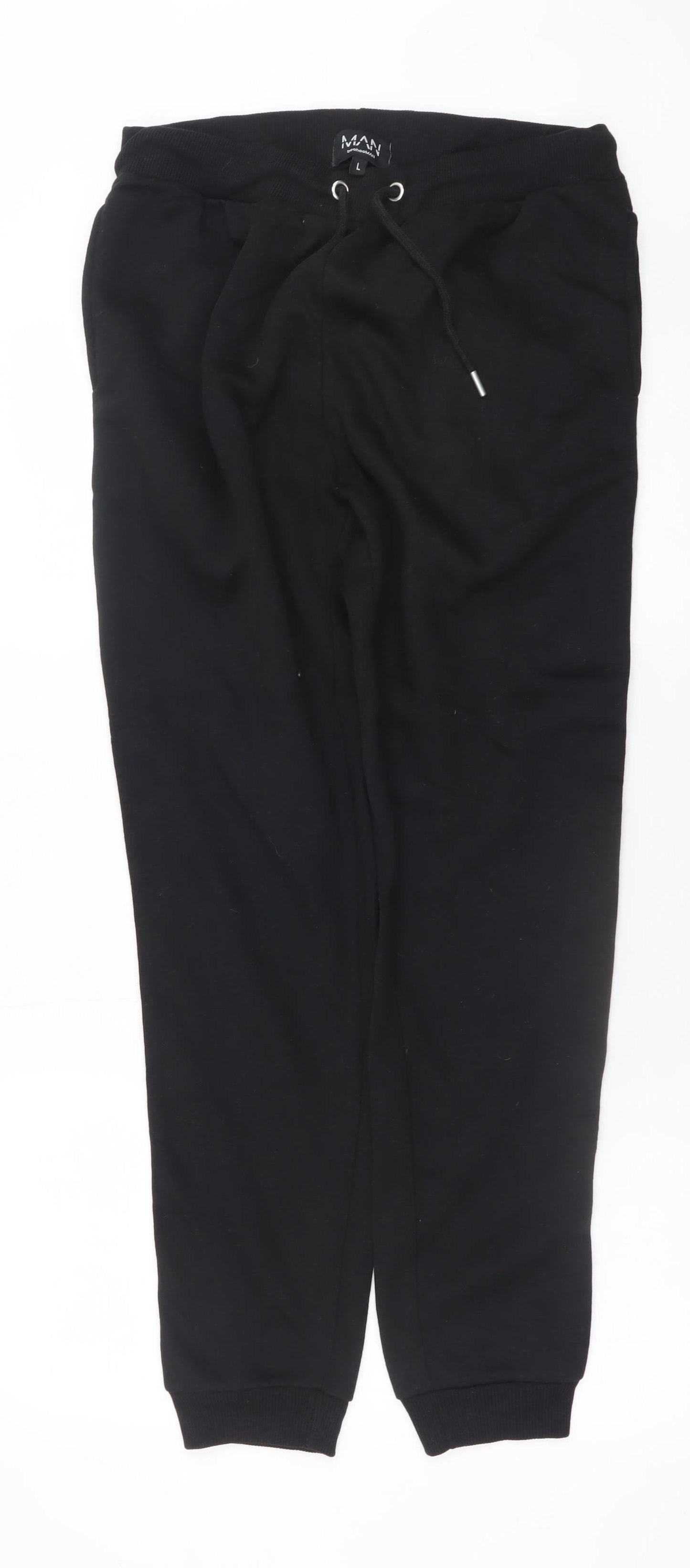 boohooMAN Men's Black Joggers L Logo Stripe Tapered Sweatpants