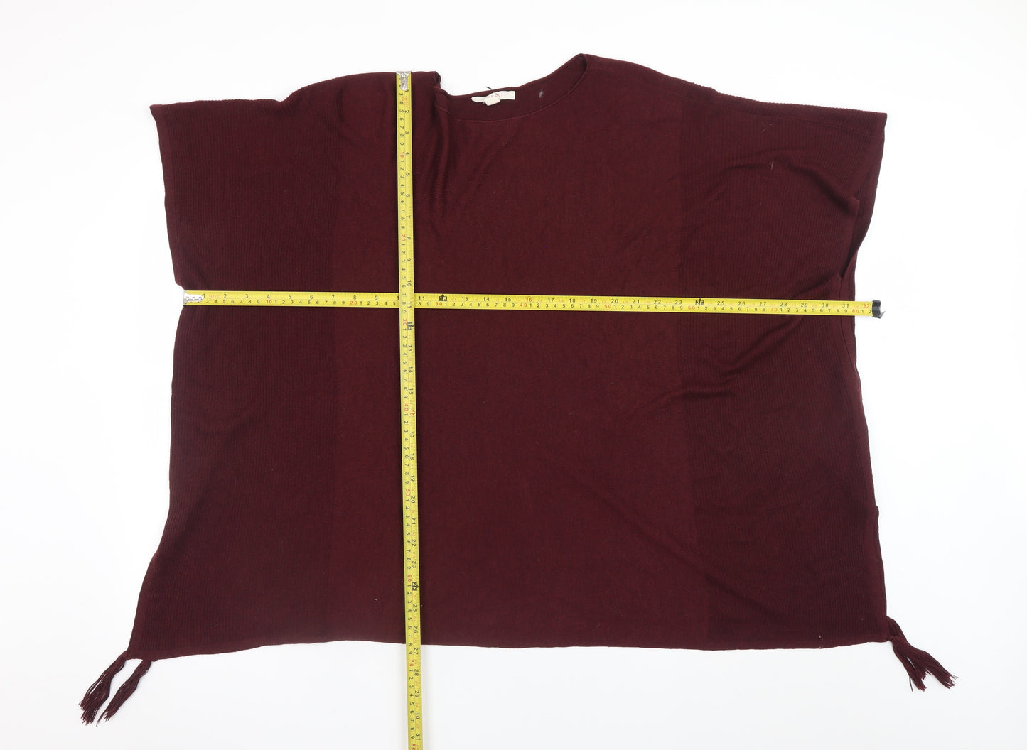 Esprit Women Red Knit Cape Jumper M Sleeveless Tasselled Relaxed Fit