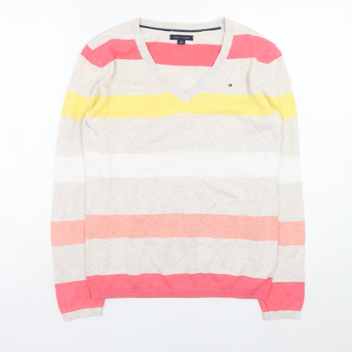 Tommy Hilfiger Women's Multicoloured Stripe Cotton V-Neck Jumper Size S