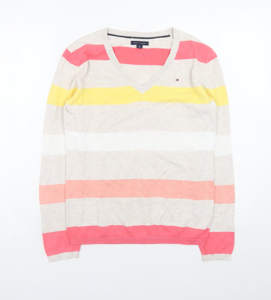 Tommy Hilfiger Women's Multicoloured Stripe Cotton V-Neck Jumper Size S