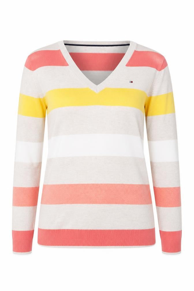 Front view of Tommy Hilfiger Women's Multicoloured Stripe Cotton V-Neck Jumper, size S