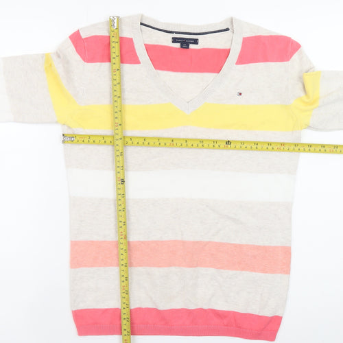 Tommy Hilfiger Women's Multicoloured Stripe Cotton V-Neck Jumper Size S