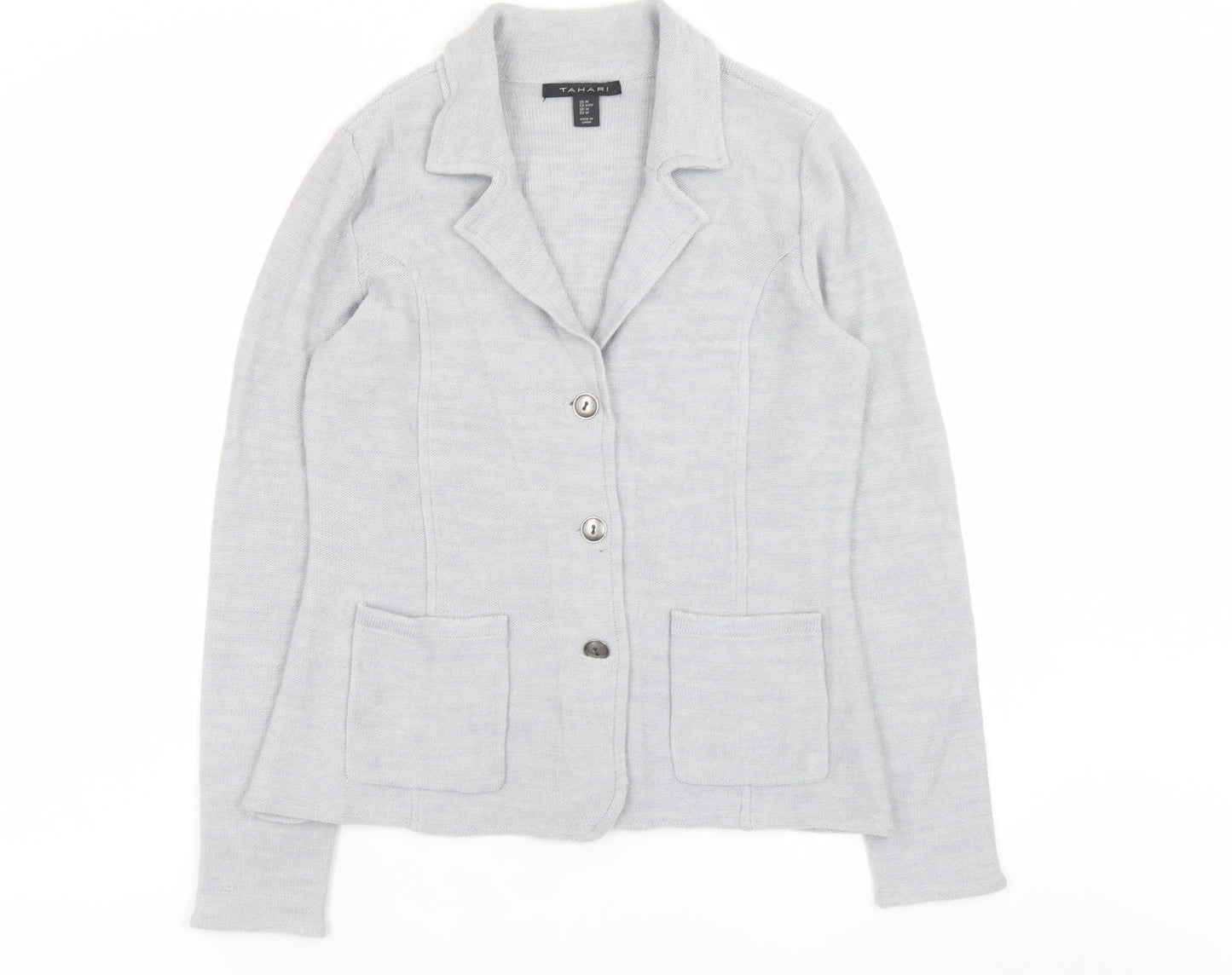 Tahari Women's Grey Medium Cardigan Jacket Merino Wool Blend Knit