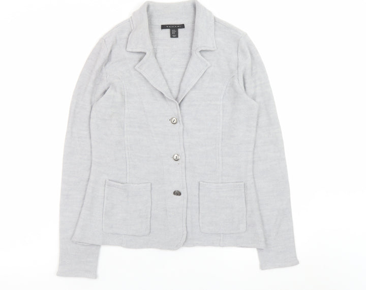Tahari Women's Grey Medium Cardigan Jacket Merino Wool Blend Knit