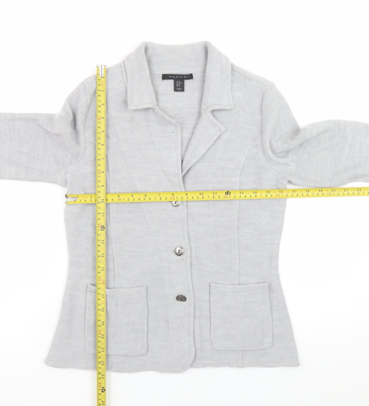 Tahari Women's Grey Medium Cardigan Jacket Merino Wool Blend Knit