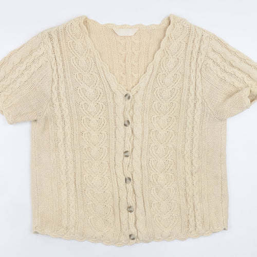 For Women Beige Cable-Knit V-Neck Short Sleeve Cardigan Size 14/16