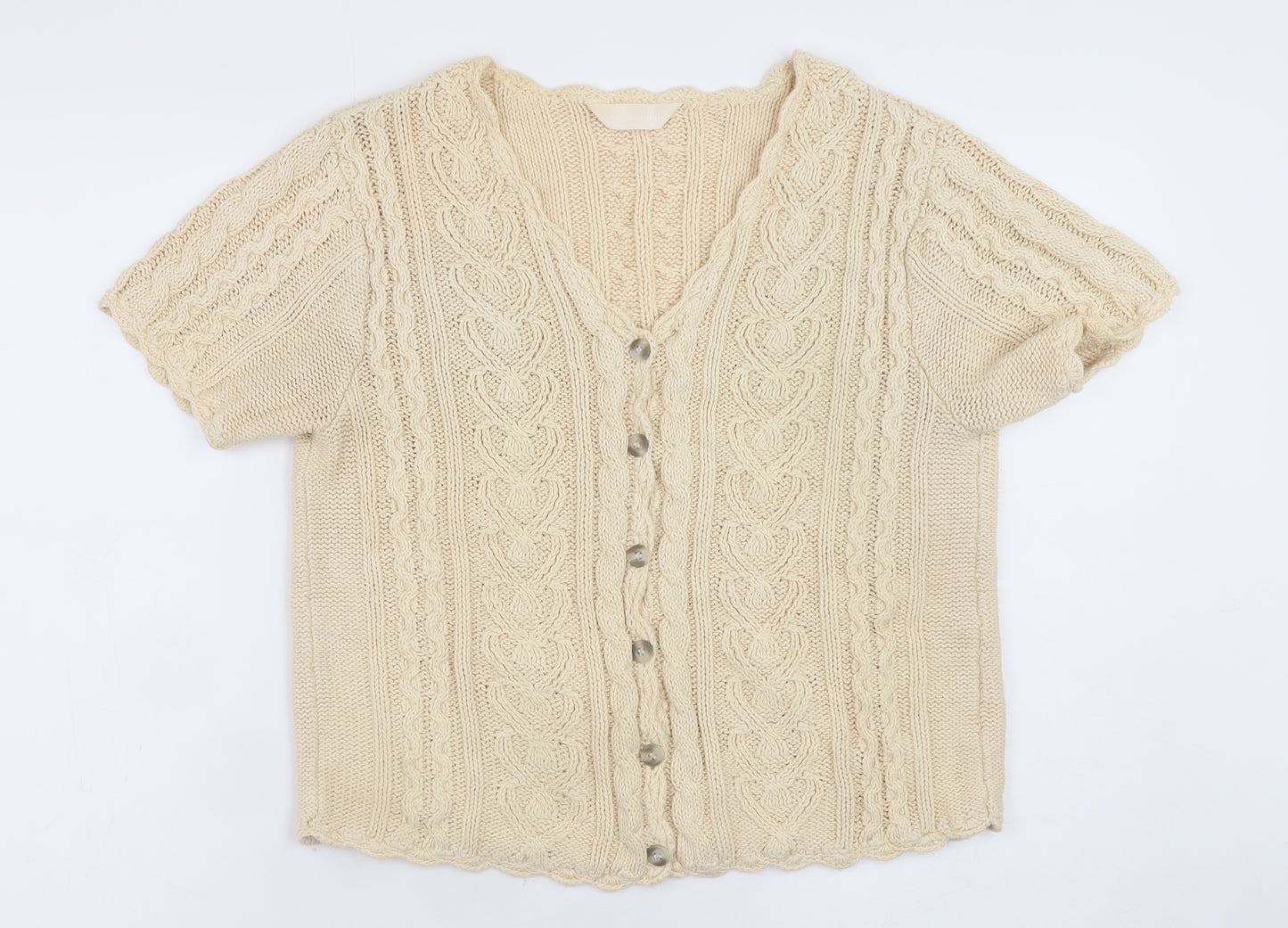 For Women Beige Cable-Knit V-Neck Short Sleeve Cardigan Size 14/16