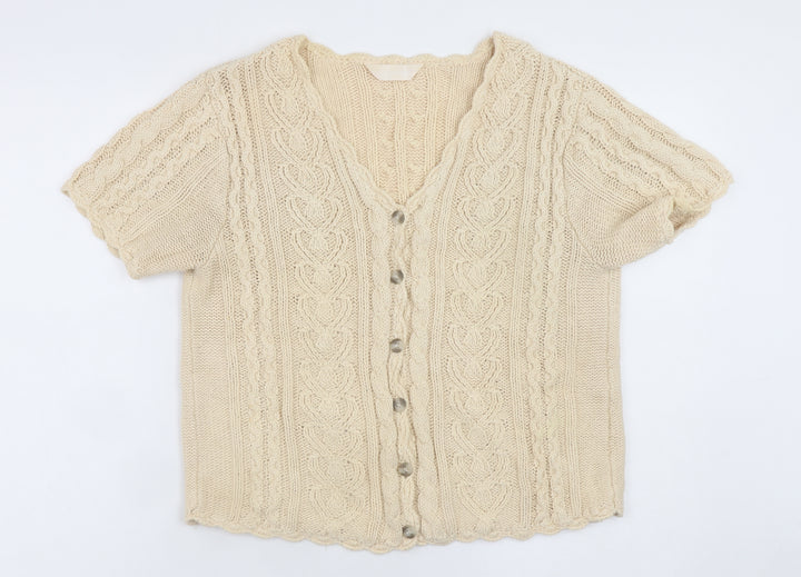 For Women Beige Cable-Knit V-Neck Short Sleeve Cardigan Size 14/16