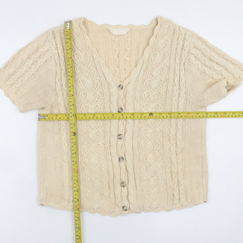 For Women Beige Cable-Knit V-Neck Short Sleeve Cardigan Size 14/16