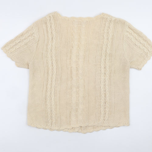 For Women Beige Cable-Knit V-Neck Short Sleeve Cardigan Size 14/16