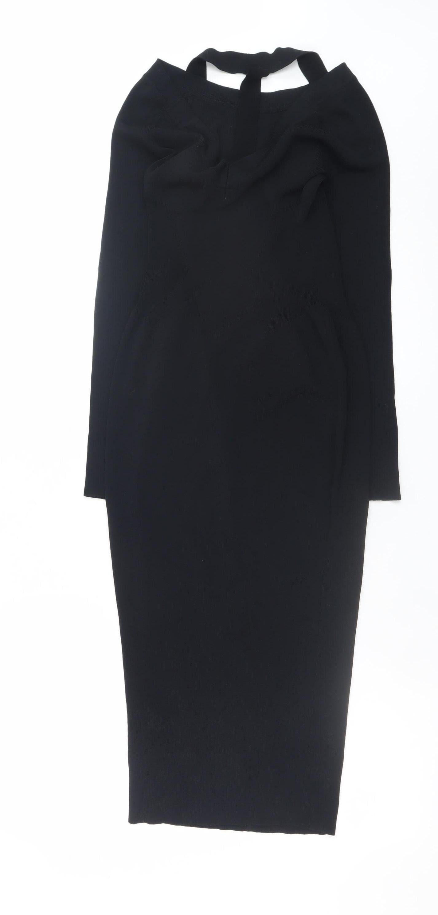 H&M Women Black Bodycon Midi Dress Size 8 Long Sleeve Off Shoulder