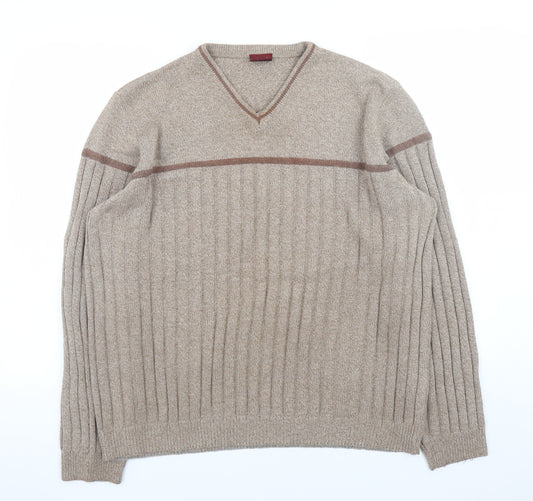 Burton Menswear Beige Wool Blend V-Neck Ribbed Men's Jumper L