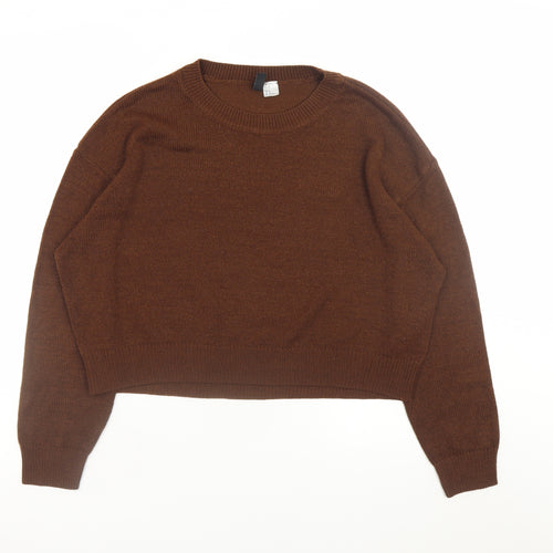 H&M Women Brown Acrylic Crew Neck Long Sleeve Pullover Jumper Size 12