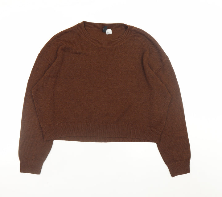 H&M Women Brown Acrylic Crew Neck Long Sleeve Pullover Jumper Size 12