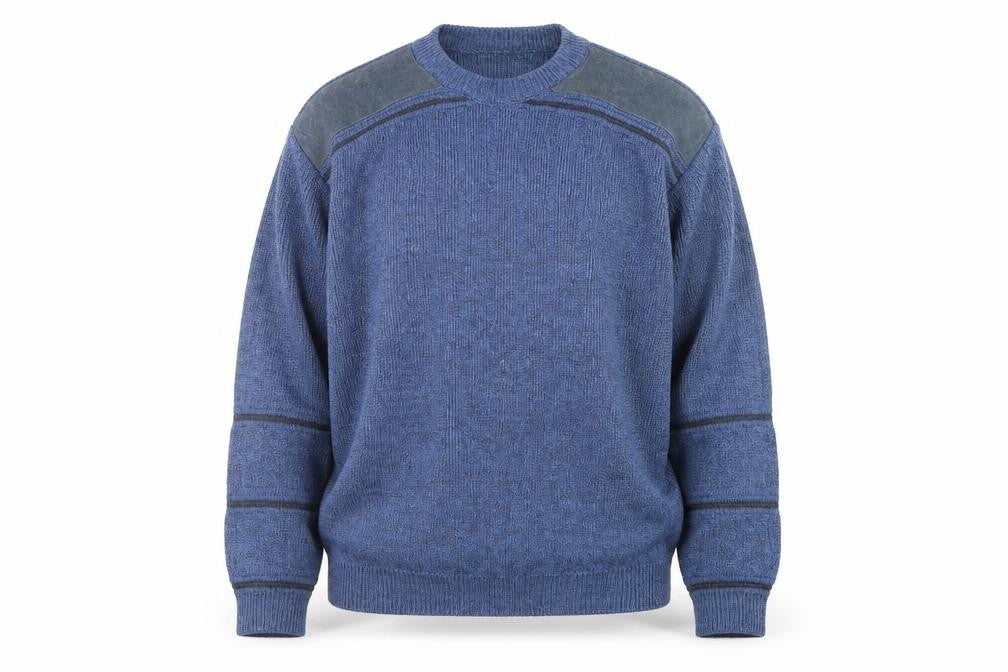 Front view of BHS men’s blue wool crew neck jumper l classic knit