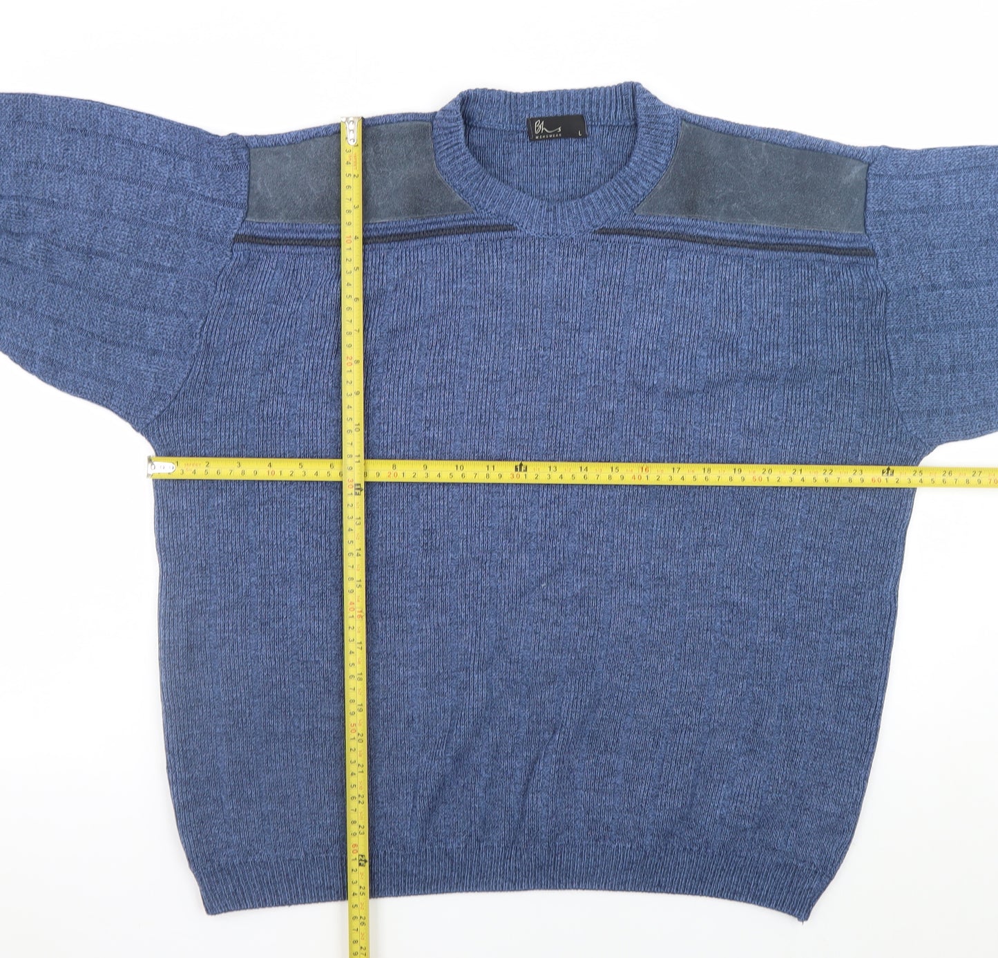 BHS Mens Blue Wool Crew Neck Pullover Jumper L Classic Knit