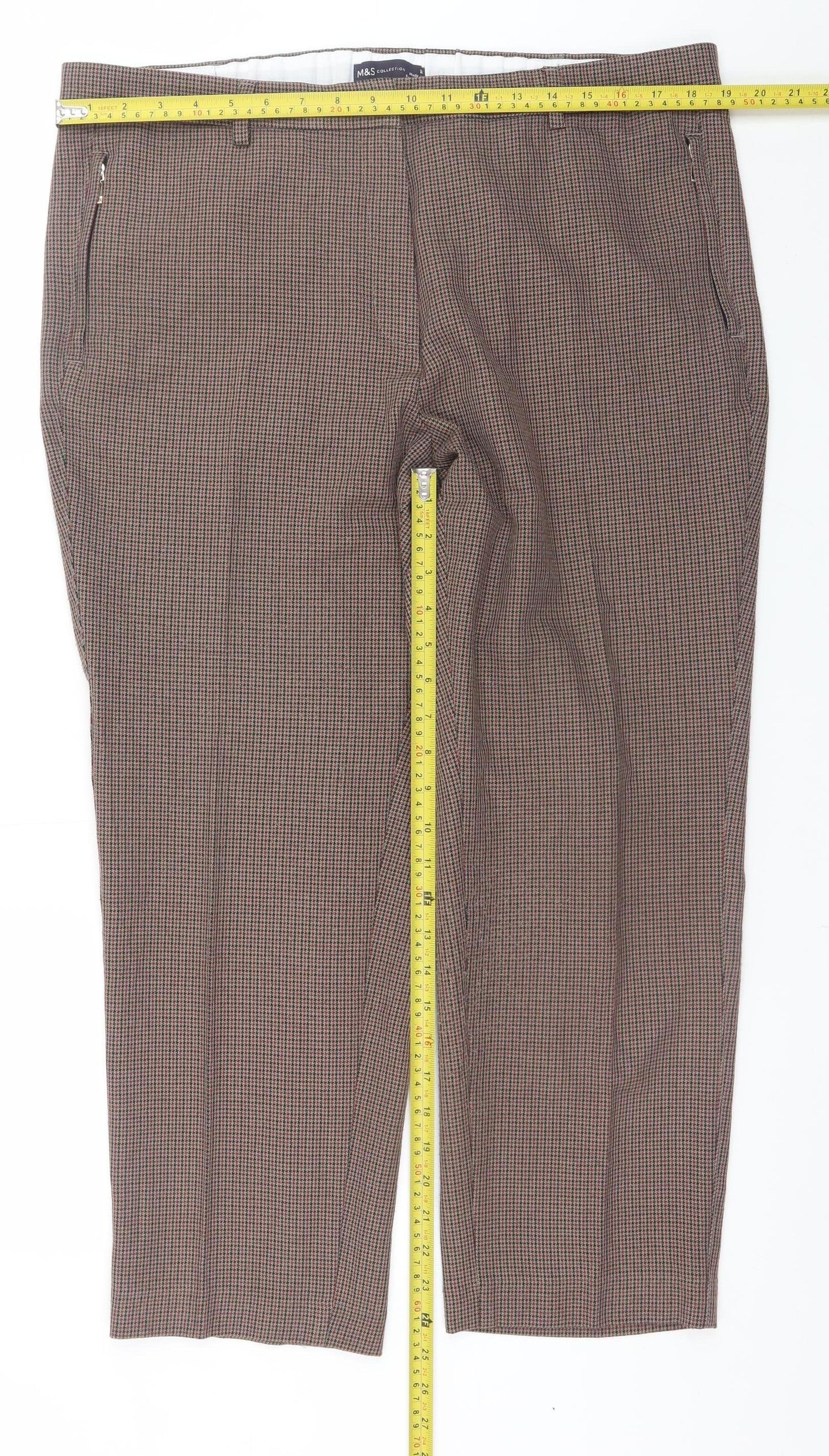 Marks and Spencer Women's Brown Check Straight Trousers Size 18