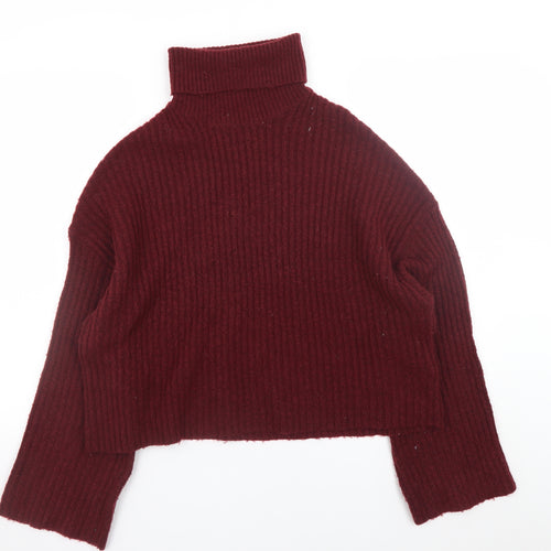 H&M Women Red Roll Neck Ribbed Knit Pullover Jumper Size L